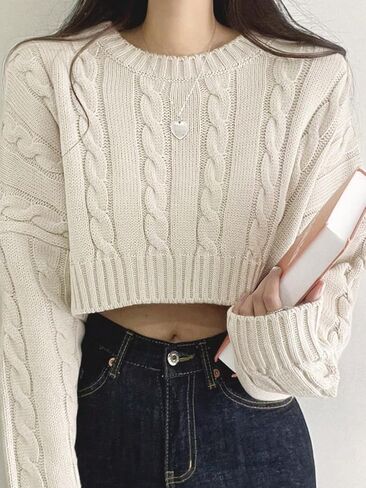 COZYEASE Women's Cable Knit Crop Sweater Drop Shoulder Long Sleeve Crewneck Knit Pullover Tops Knitwear in Saudi Arabia