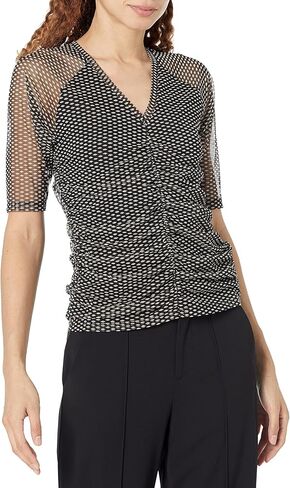 DKNY Women's Short Sleeve V-Neck Mesh Ruched Knit Top in Saudi Arabia