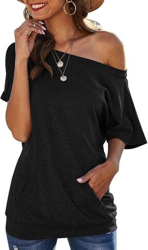 Women's Off The Shoulder T Shirts Summer Short Sleeve Blouse Tops with Pockets in Saudi Arabia