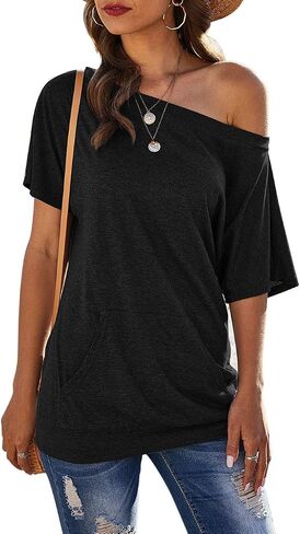 Women's Off The Shoulder T Shirts Summer Short Sleeve Blouse Tops with Pockets in Saudi Arabia