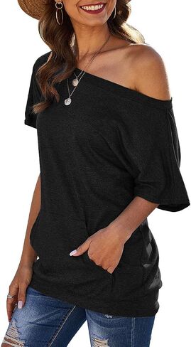 Women's Off The Shoulder T Shirts Summer Short Sleeve Blouse Tops with Pockets in Saudi Arabia