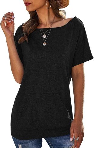 Women's Off The Shoulder T Shirts Summer Short Sleeve Blouse Tops with Pockets in Saudi Arabia