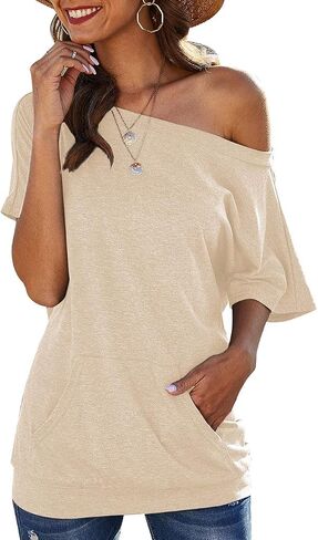 Women's Off The Shoulder T Shirts Summer Short Sleeve Blouse Tops with Pockets in Saudi Arabia