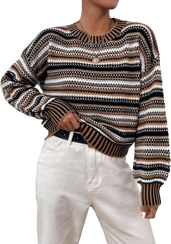 GORGLITTER Women's Striped Round Neck Sweater Drop Shoulder Long Sleeve Pullovers in Saudi Arabia