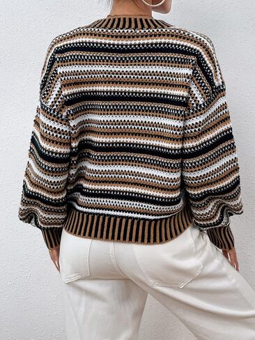 GORGLITTER Women's Striped Round Neck Sweater Drop Shoulder Long Sleeve Pullovers in Saudi Arabia