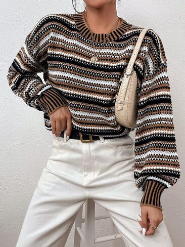 GORGLITTER Women's Striped Round Neck Sweater Drop Shoulder Long Sleeve Pullovers in Saudi Arabia