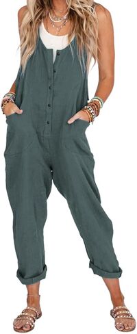 زييوني افرهول نسائي فضفاض برقبة على شكل حرف V بدون اكمام واشرطة قابلة للتعديل وسروال طويل وجيوب in Kuwait