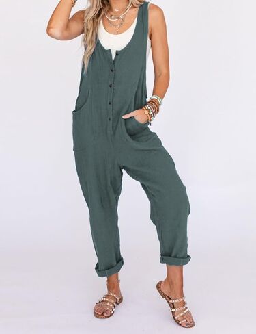 زييوني افرهول نسائي فضفاض برقبة على شكل حرف V بدون اكمام واشرطة قابلة للتعديل وسروال طويل وجيوب in Kuwait