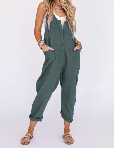 زييوني افرهول نسائي فضفاض برقبة على شكل حرف V بدون اكمام واشرطة قابلة للتعديل وسروال طويل وجيوب in Kuwait