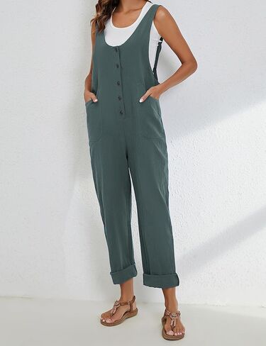 زييوني افرهول نسائي فضفاض برقبة على شكل حرف V بدون اكمام واشرطة قابلة للتعديل وسروال طويل وجيوب in Kuwait