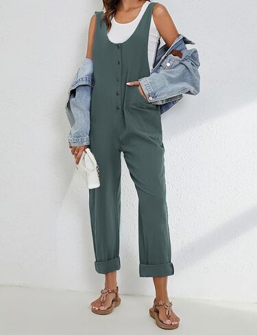 زييوني افرهول نسائي فضفاض برقبة على شكل حرف V بدون اكمام واشرطة قابلة للتعديل وسروال طويل وجيوب in Kuwait