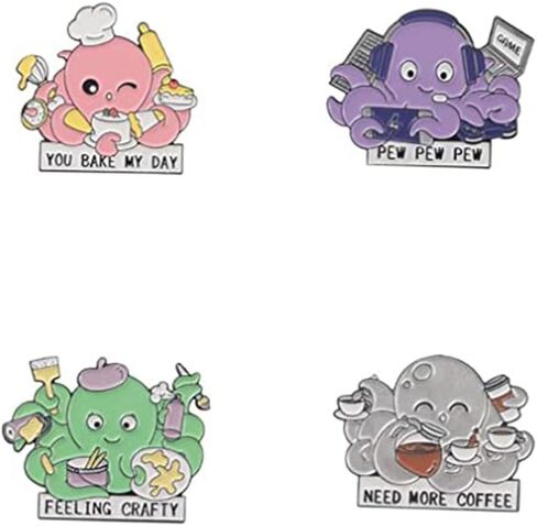 4 Pieces Cute Octopus Enamel Pins Set Funny Animal Painter Desserts Programmer Brooches Lapel Pin Cartoon Ocean Lapel Pins for Backpack Cloths Hats Decorations, Metal, no gemstone in Kuwait