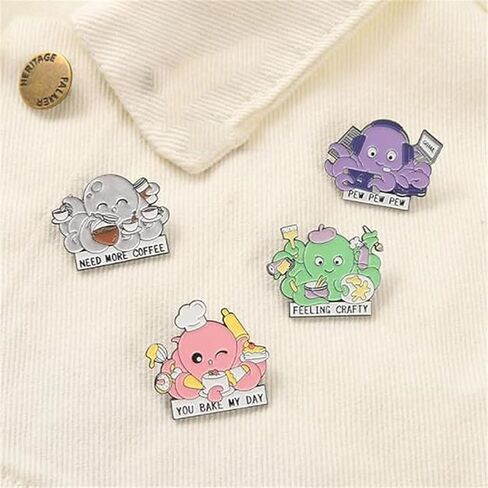 4 Pieces Cute Octopus Enamel Pins Set Funny Animal Painter Desserts Programmer Brooches Lapel Pin Cartoon Ocean Lapel Pins for Backpack Cloths Hats Decorations, Metal, no gemstone in Kuwait