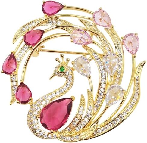 Exquisite Rhinestone Peacock Brooch Pin for Women Girls Gold Plated Fashion Red Green Crystal Bird Animal Brooches Lapel Pins Elegant Dress Accessories Christmas Thanksgiving Birthday Jewelry Gift Souvenir in Saudi Arabia