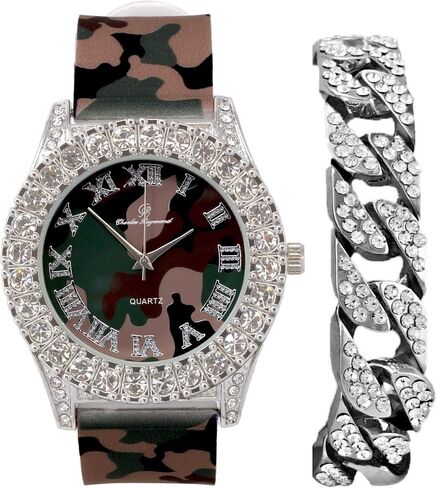 Charles Raymond Mens Silver Big Rocks with Roman Numerals Fully Iced Out Colorful Dial Watch w/Bling'ed Out Cuban Shiny Silver Bracelet - ST10327 RN Cuban in Kuwait