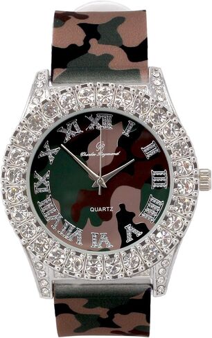 Charles Raymond Mens Silver Big Rocks with Roman Numerals Fully Iced Out Colorful Dial Watch w/Bling'ed Out Cuban Shiny Silver Bracelet - ST10327 RN Cuban in Kuwait