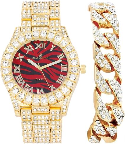 Charles Raymond Mens Silver Big Rocks with Roman Numerals Fully Iced Out Colorful Dial Watch w/Bling'ed Out Cuban Shiny Silver Bracelet - ST10327 RN Cuban in Kuwait