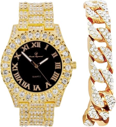 Charles Raymond Mens Silver Big Rocks with Roman Numerals Fully Iced Out Colorful Dial Watch w/Bling'ed Out Cuban Shiny Silver Bracelet - ST10327 RN Cuban in Kuwait