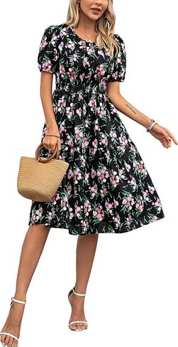 Kormei Women Summer Casual Boho Floral Round Neck Short Sleeve Smocked Waist Tiered Flowy Swing Midi Dress in Kuwait