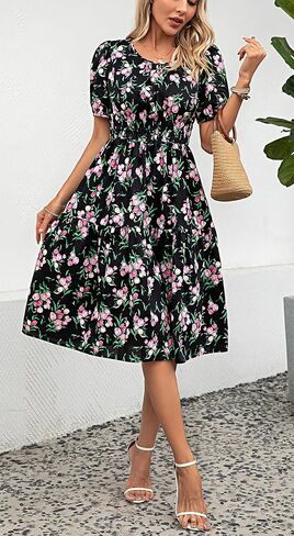 Kormei Women Summer Casual Boho Floral Round Neck Short Sleeve Smocked Waist Tiered Flowy Swing Midi Dress in Kuwait