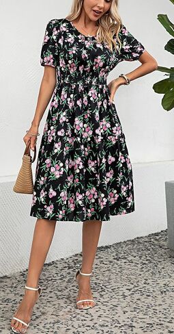 Kormei Women Summer Casual Boho Floral Round Neck Short Sleeve Smocked Waist Tiered Flowy Swing Midi Dress in Kuwait