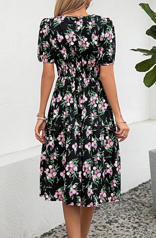 Kormei Women Summer Casual Boho Floral Round Neck Short Sleeve Smocked Waist Tiered Flowy Swing Midi Dress in Kuwait