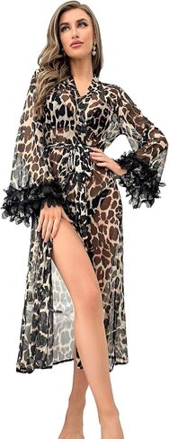 OYOANGLE Women's Sleepwear Leopard Print Ruffle Floral Long Sleeve Belted Robe Nightgown in Saudi Arabia