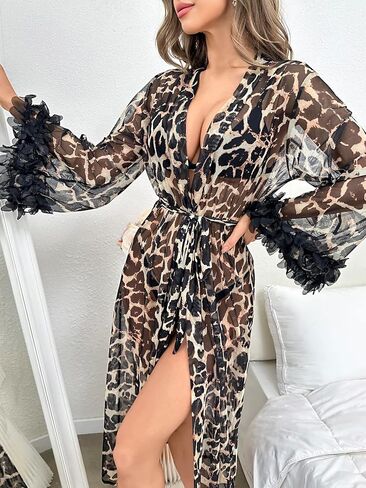 OYOANGLE Women's Sleepwear Leopard Print Ruffle Floral Long Sleeve Belted Robe Nightgown in Saudi Arabia