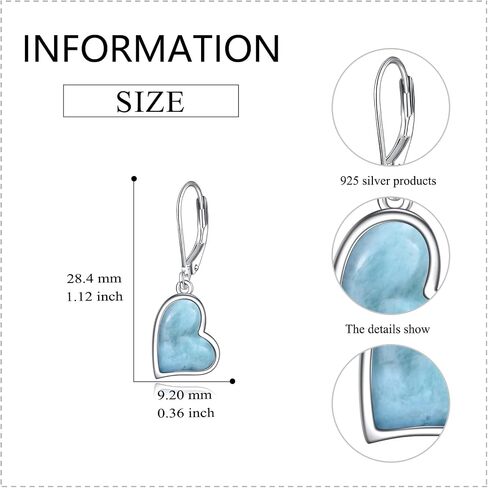 JOERPH Natural Larimar Earrings/Opal Red Heart Earrings for Women, 925 Sterling Silver Heart Dangle Drop Leverback Earrings in Saudi Arabia