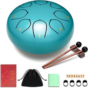 CAHAYA Steel Tongue Drum 6-Inch: 8 Notes Steel Hand Drum with Music Book Drum Mallets Finger Paddles and Carry Bag for Kids Gift Musical Education Meditation Blue CY00372-1