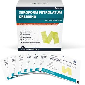 Ceeport Medical Xeroform Petrolatum Dressing 1"x8", 50 Individual Pack, Non-Adherent Gauze Pad Strip, Fine Mesh Gauze Patch Supplies for Wound Care, Burns, Lacerations, & Skin Grafts