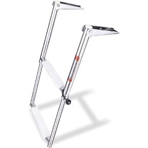 Young Marine 2 Steps Stainless Steel Drop Down Telescopic and Folding Boat Ladder with White Plastic footboard,Over Platform Mounting