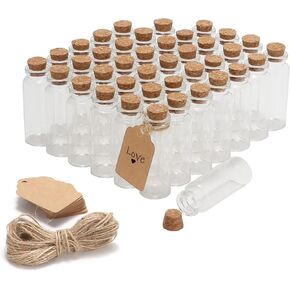 50 Pcs 20ml Mini Glass Bottles with Cork Stoppers, 29x64mm DIY Decoration Tiny Glass Jars, Mini Vials Cork, Message Wishing Bottle with Label Tags and String for Arts Crafts, Decoration, Party Favors