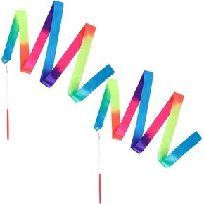 Finduat 2 Pcs Rainbow Dance Ribbon Wand for Adult Artistic Dancing Training Birthday Party Favors, 78.7inch Rhythmic Gymnastics Ribbon Streamer Ladderproof Soft Ribbon Baton Twirling with Stick
