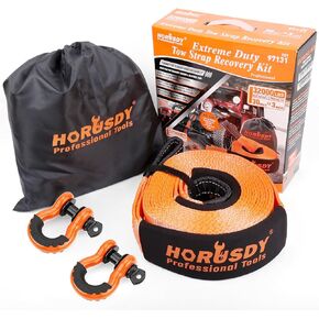 HORUSDY Nylon Heavy Duty Tow Strap Recovery Strap with Hooks 3" x 30Ft - 32,000 LBS Break Strength, 3/4 D Ring Shackles (2pcs), Recover Your Vehicle Stuck in Mud/Snow.