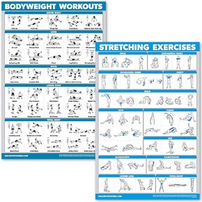 مجموعة ملصقات تمارين وزن الجسم وتمارين التمدد من QuickFit - مجموعة مخططتين مغلفتين - روتين تمارين وزن الجسم وتمارين التمدد