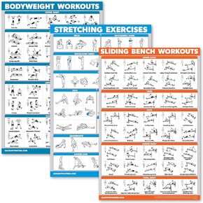 Palace Learning 3 Pack: Bodyweight Workouts + Stretching Exercises + Sliding Bench - Set of 3 Workout Charts