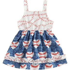 BULINGNA Infant Baby Girl Summer A-line Dress Sleeveless Sling Heart Baseball Printed Mini Dress