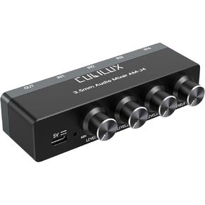 Cubilux 4-Channel 3.5mm Audio Mixer, Ultra-Low-Noise Mini Audio Mixer for Sub-Mixing, 1/8 TS/TRS Input, Stereo Switcher Suitable for Guitars, Bass, Keyboards