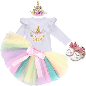 NEWEPIE Rainbow Unicorn Baby Girls Costume 1st Birthday Cake Smash Outfits Princess Romper Handmade Tutu Skirt Headband Shoes