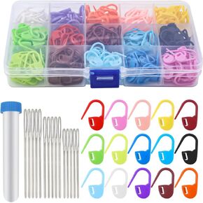 300pcs Stitch Markers for Crocheting, Colorful Crochet Stitch Markers for Knitting Stitch Locking Clips Crochet Pins with 15pcs Large Eye Blunt Metal Sewing Needles for Knit DIY Projects Accessories