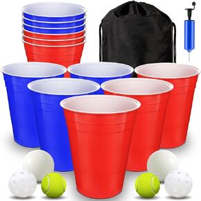 SUNYIWJIE Giant Yard Pong Game Set Durable Giant Cups with Inflatable Pong Balls Pump and Carrying Bag Giant Pong Set for Indoor and Outdoor Lawn, Beach, Camping or Backyard (Red)