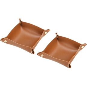 uxcell 2Pcs PU Leather Jewelry Tray 6.3"x6.3" Folding Valet Tray Organizer Catchall Tray for Travel Table Nightstand Key Coin Watch, Brown