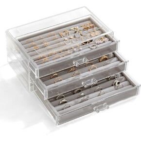 YUFONG Velvet Ring Storage Box Rings Display Stand Tray Acrylic Jewelry Necklace Earring Holder Case with 3 Drawers (Beige)
