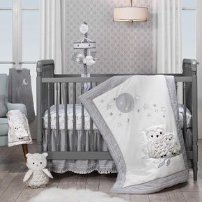 طقم مفروشات سرير أطفال من Lambs & Ivy Luna أبيض/رمادي بومة سماوية مكونة من 4 قطع (740004V)