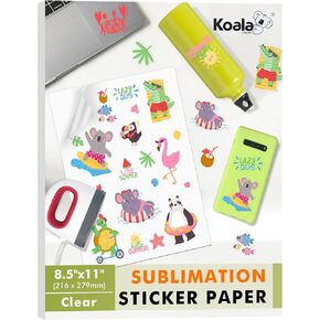 Koala Sublimation Sticker Paper 100% Transparent Waterproof Vinyl 8.5x11 inch 25 Sheets, Quick Dry Vivid Colors Holds Ink Well