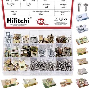 Hilitchi 183Pcs Auto Car U-Clip U Nut and Screw Assortment Kit, Including 95Pcs M5 M6 Nut and 88 Pcs 11 Size of Screw U-Type Car Fastener Clips, 1# 2# 3# 4# 5# 6# 7# 8# 9# 10# 11# U Type Nut Clip