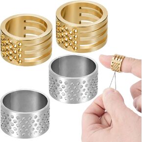 HINZIC 4pcs Stainless Steel Brass Finger Protector Gold Sliver Metal Fingertip Thimbles Adjustable Finger Ring for Hand Sewing Quilting Knitting Stitching Crochet
