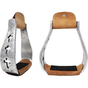 Western Show Horse Saddle Stirrups Aluminum Leather Tread Cross Engraved 5145v