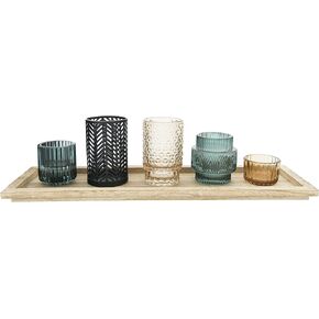 Bloomingville Embossed Glass & Metal Tealight Holders on Rectangle Wood Tray (Set of 6 Pieces) Votive Set, Multi, 6 Count